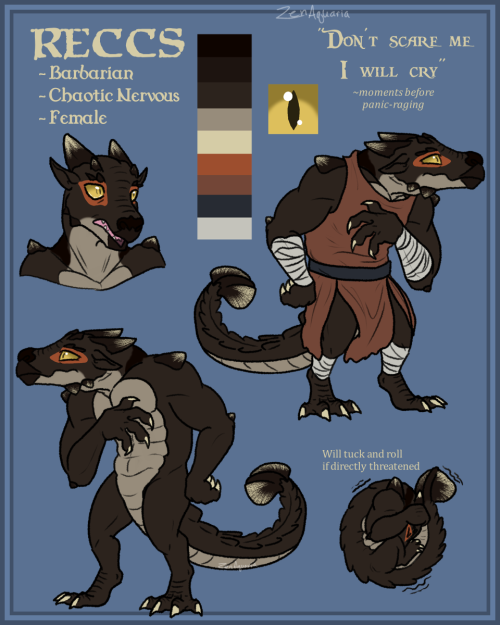 zenaquaria: Reccs Refsheet, 2022 edition~Meet Reccs the kobold! Panic Barbarian, anxious (over)eater