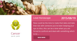 cancerhoroscopes:  Cancer love horoscope for 2015/08/19. Is it accurate? Reblog=Yes | Like=No