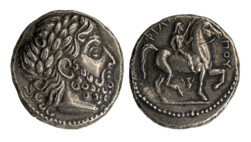 sadighgallery:Ancient Greece. Silver Philip II tetradrachm coin, the obverse with the head of Zeus, 