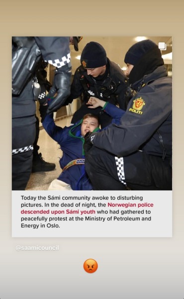 girlzero:thenuclearmallard:The Sámi are being arrested for protesting.  If you want to help, the organization Natur & Ungdom are gathering donations for the protestors! Donations go towards handling fines, legal aid, food, and equipment. The protests