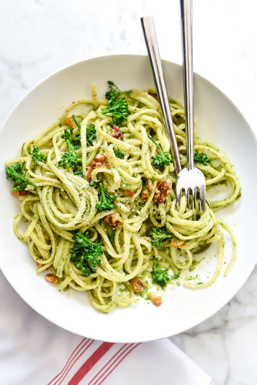 linguine with broccoli and walnut pesto.