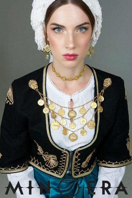 Greek beauty Athina from the island of Crete in Cretan traditional clothing and adornments