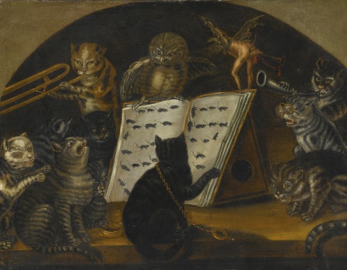 fatalbellman:Cats Being Instructed In The Art of Mouse-Catching By An Owl by the Lombard School, c. 