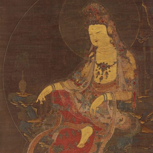 Painted in rich reds, greens, and blues patterned with gold, exquisite Goryeo Buddhist paintings sur