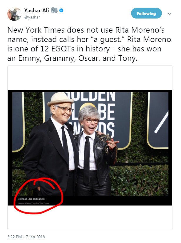 profeminist:   “New York Times does not use Rita Moreno’s name, instead calls