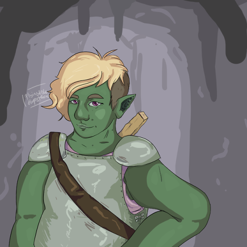 flyingfishflopsthings:may i offer you a gay orc in this trying time?[Image ID: Killian, a green skin