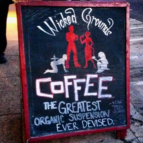 Coffee: the greatest organic suspension ever made! An ode to #coffee & a cute #bondage joke at the same time from #wickedgrounds in #sanfrancisco. #munch #caffeine #mocha #latte #bdsm #kinky #bondage #pride #sandwichboard # coffeeshop ☕