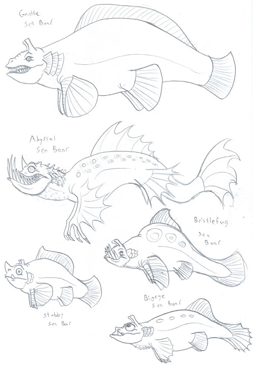 tyrantisterror:Sea Boars Monstrous fish that swim the wide open oceans surrounding Midgaheim, sea bo