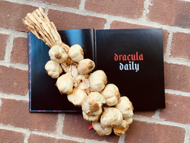 A photo of the Dracula Daily book with a string of garlic bulbs on top of it. The book rests on a brick surface.