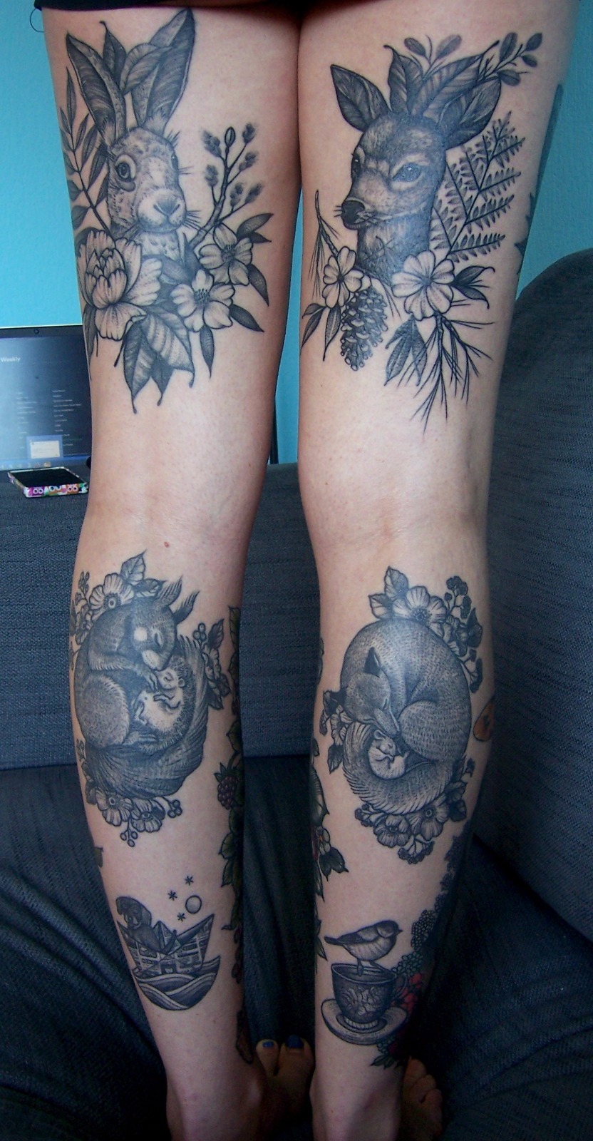 fuckyeahtattoos:  Back of my legs in black and grey, all healed.  Thighs done by