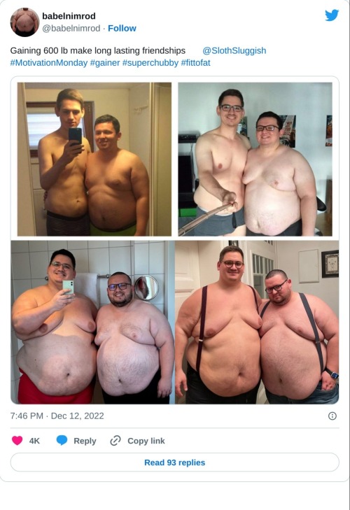 Gaining 600 lb make long lasting friendships ☺️ @SlothSluggish #MotivationMonday #gainer #superchubby #fittofat pic.twitter.com/lhY4Oc87AG
— babelnimrod (@babelnimrod) December 12, 2022