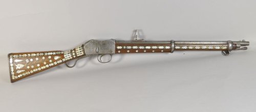 Incredible Martini Henry rifle with mother of pearl inlay decorations, possibly from India.