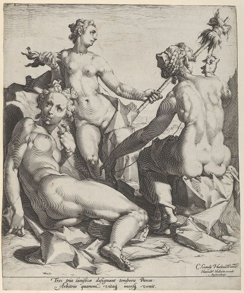 the-evil-clergyman:The Three Fates by Cornelis Cornelisz van Haarlem (1589)
