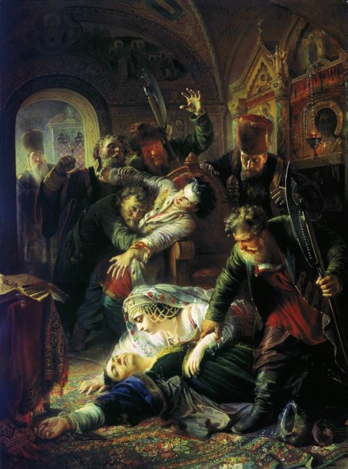 artist-kmakovsky:Dmitri the Pretender's agents murder the Son of Boris Godunov, 1862, Konstantin Mak