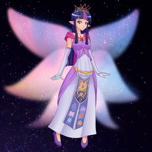 Princess Twilight, with an outfit inspired by Twilight Princess. Go figure. In celebration of Season 4 today. Yep. That’s what alicorn wings look like. I’ll get to drawing Luna, Celestia, and Cadance eventually (probably in that order). Elf-ea