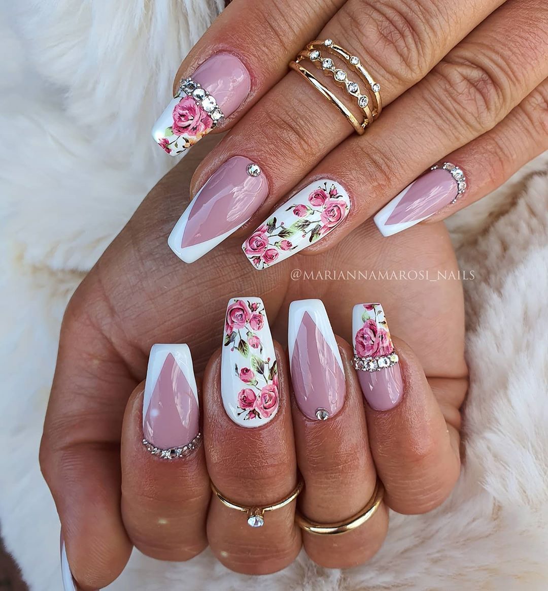 Cute Manicure — Cute White V French Tip Coffin Nails With Two...