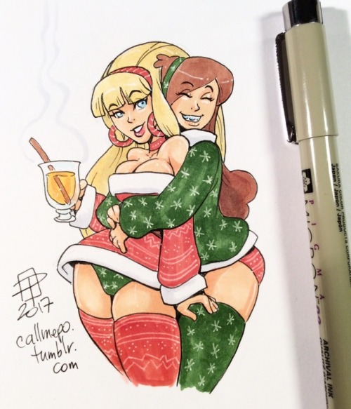 callmepo: Hot apple cider and a warm hug…  Tiny doodle of Holiday Hotties Pacifica and Mabel.  [Come visit my Ko-fi and buy me a coffee hot apple cider!]    < |D’‘‘‘‘‘‘