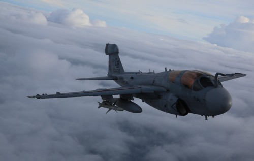 militaryarmament:  Naval aviators with Marine Tactical Electronic Warfare Training Squadron 1 take to the sky in an EA-6B Prowler during routine training above eastern North Carolina, April 14, 2015. 