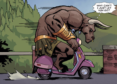 copperbadge:Yes, that is a minotaur on a vespa, questioning his obsessions. [From Deadpool, The Gaun