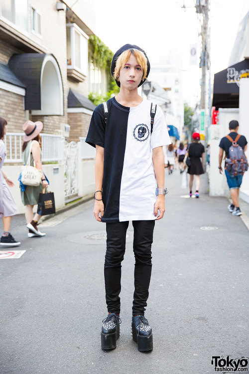20-year-old Rinch in Harajuku w/ horned beret, pink eyebrows, Long Clothing tee, Uniqlo skinny jeans