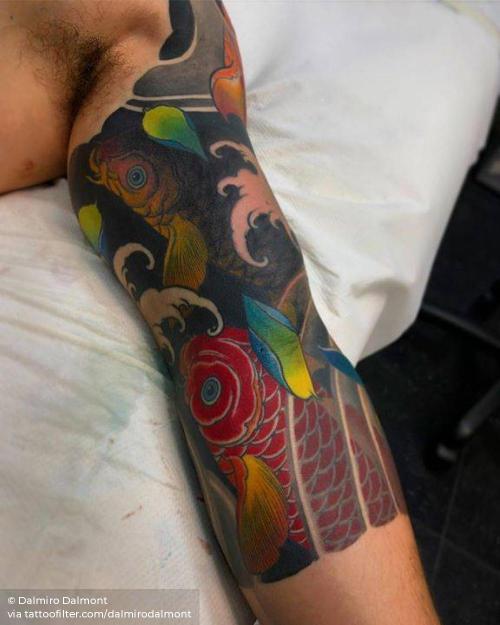 By Dalmiro Dalmont, done in London. http://ttoo.co/p/35446 animal;big;dalmirodalmont;facebook;fish;good luck;half sleeve;japanese culture;japanese;koi fish;nature;neo japanese;ocean;other;patriotic;twitter;upper arm
