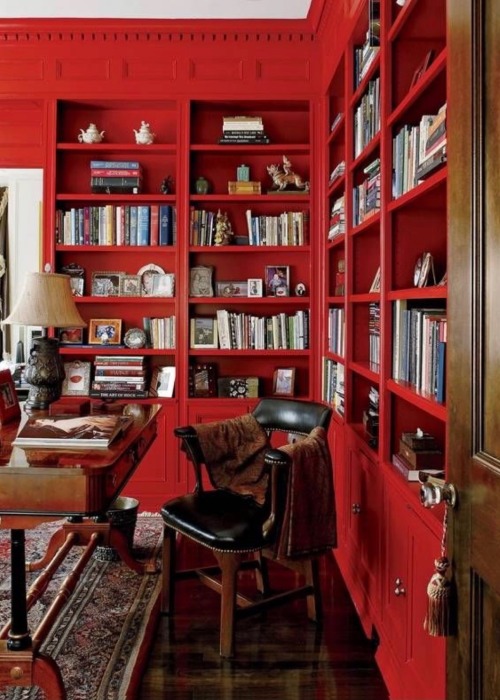 of-foolish-and-wise:fuck it, colorful home libraries