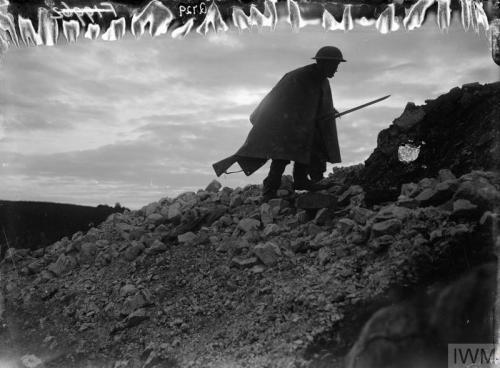 A British sentry going up to his post; near Beaumont Hamel, July 1916.