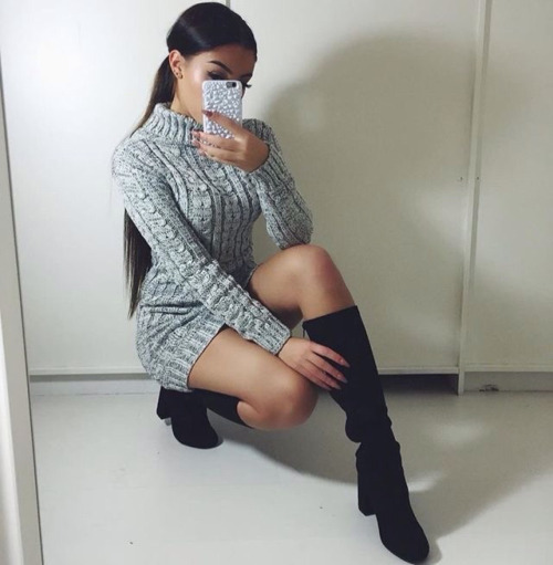 glamorous-diamond:  Sweater Dress | Available here  Boots | Available here  
