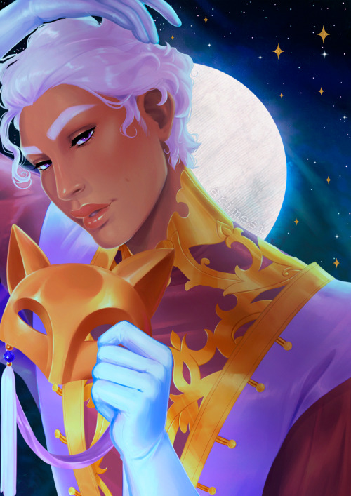 arimesi: Print I made for @vesuvian-nights-zine last year in July! The mask and stars ended up being