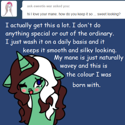 ask-peppermint-pattie:  As for the second question I always get prior to this one, no, my hair doesn’t taste like mint or anything but my shampoo, which happens to be almonds.  Cutie~ :3