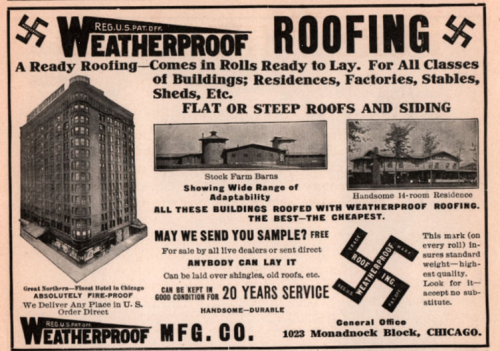 Weatherproof Roofing, Inc out of Chicago, Illinois advert with swastikas.