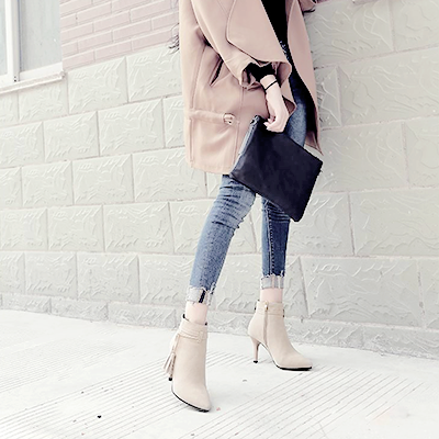 niseu:Solid Tassel Splicing Pointed Toe Heeled Boots