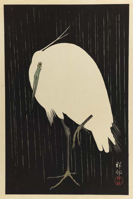 Beautiful white heron/sagi modern ukiyoe by Ohara Koson (seen on), with close up showing the three d