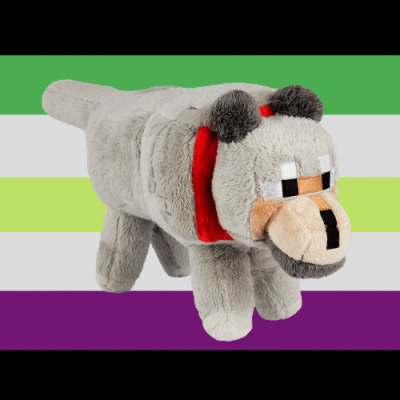 A plush Minecraft wolf with a red collar. The background is the aroace agender combo flag, a black, purple, green, light green, and white flag.