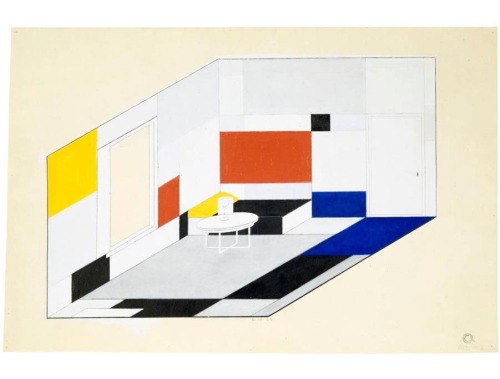 Piet Mondrian, Colour design for the Salon of Ida Bienert, 1926. Axonometry pf a room in bird’s eye 