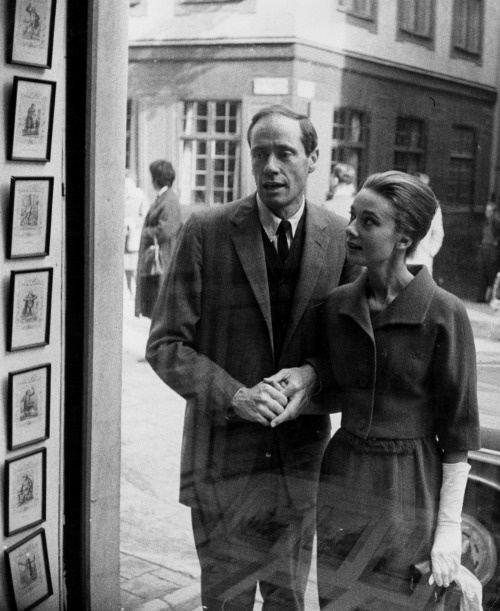 Audrey Hepburn and husband taking a walk in Stockholm, Sweden (1959).