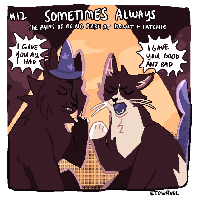 Square image. Text reads "Sometimes Always - The Pains of being Pure at Heart + Hatchie." In two speech bubbles reads "I gave you all I had" and "I gave you good and bad". Two original feline characters of the artist and twitter user wine_dad sing karaoke at each other under a spotlight, the one on the left is a black cat with a wizard hat the one on the right is a cat with a shrimp's tail. The palette is purple and yellow.