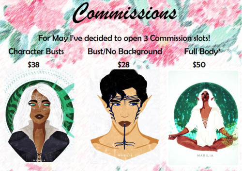 felandriss: I’ve decided to open three slots for May!! If you are interested in my art you can