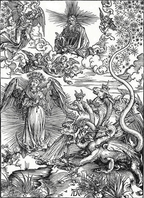 L’Apocalypse de saint Jean - Planche 10. La femme enceinte vêtue de soleil et le dragon 