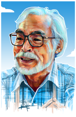 ghiblijam:  MiyazakiDigitalHey all! I’ve been working on this portrait for the last week.  I really picked up the pace over this weekend to get the piece submitted on time.Hayao Miyazaki is a personal hero of mine and his work has been responsible