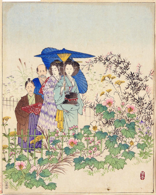 Group in a garden by Tsukioka Yoshitoshi, 19th c.