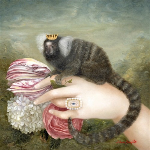 wtxch:Fatima Ronquillo (Filipino/American, b. 1976)Hand With Crowned Marmoset, 2018Oil on panel