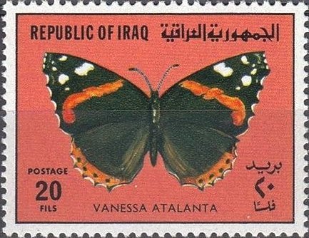 stamp-it-to-me:two 1980 Iraqi stamps from a series on butterflies[id: two postage stamps, both with 