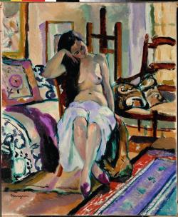 books0977:  Model in a Painter’s Studio (c.1900). Henri Manguin (French, 1874-1949).  Regarded as one of the creators of the Fauve movement, Manguin was influenced by Cezanne: illogical construction, harmonious colour tones, and importance of ornament.