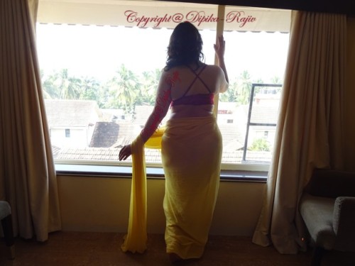 dipika-rajiv: part 1 of saari series , morning sun shine showing her curves from hotel room .