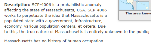 cheetahpeople: squaliformes:  randuin:  elbegoss:  Massachusetts is an SCP now and honestly they’re right  god i fucking love the scp foundation  oh and for those not in the know about SCP object classing: Thaumiel is not a typical object class. Most