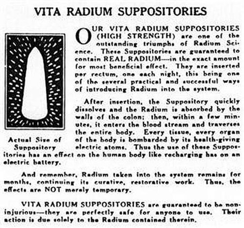 Vita Radium SuppositoriesPopular during the early 20th century, Vita Radium suppositories contained 