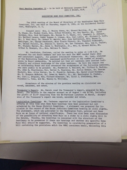 Meeting Minutes Of Washington Home Rule Committee, August 8 And September 12, 1963
