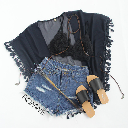 Navy Tassel Trimmed Open Front Chiffon Blouse