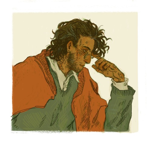 A digital colored sketch of Jonathan Sims. He’s sitting at an out-of-frame desk, a finger pressed into his temple, looking tiredly down. A jacket’s draped over his shoulders. A thick white border frames the image.